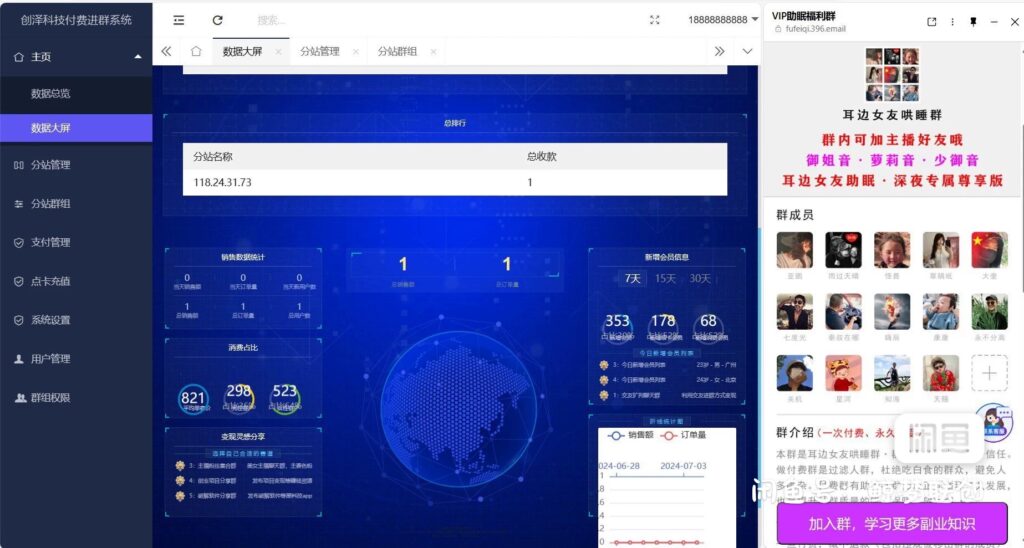 【首发】2024最新企业级付费进群数据可视化大屏系统源码 2024全新版本+三级分销（总站-分站-子分站-分销）+自动定位IP+数据可视化大屏等-龙缘资源网